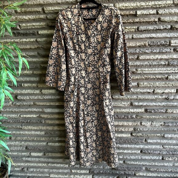 J. Peterman Vintage Batik Floral Print Midi Dress Back Tie Size XS - Picture 2 of 9